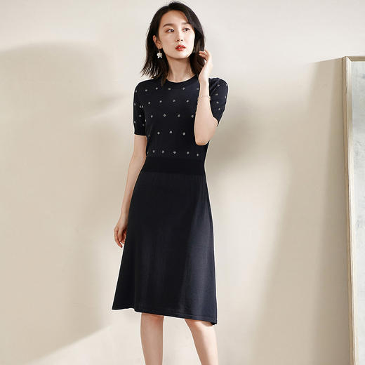 米思阳夏季新款气质碎花a字裙子修身显瘦针织中长连衣裙1561 商品图0