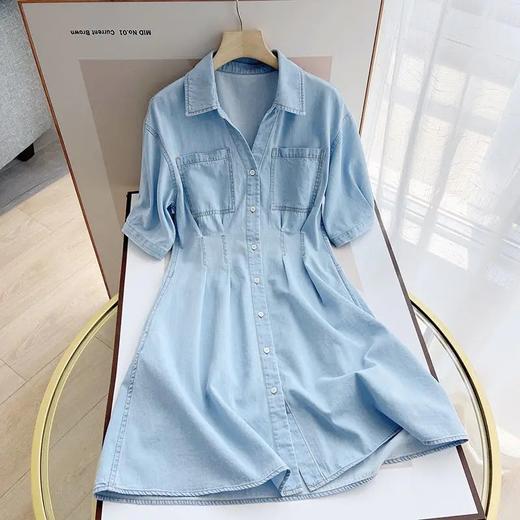 【限时折扣】小翻领牛仔双褶收腰连衣裙-浅蓝色(36-40)（非质量问题不退不换） 商品图4