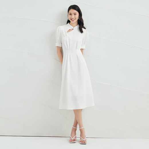 EITIE爱特爱夏新款时尚显瘦通勤气质中式立领收腰白色连衣裙B2207928 商品图1