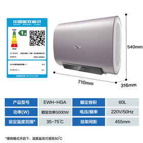史密斯60升电热水器 家用 双胆扁桶 纤薄黑科技 双擎5kW速热 10倍MAX增容 五维净化系统 EWH-60HGA一级能效
