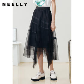 NEELLY纳俪商场同款网纱拼接半身裙女不规则纱裙夏季松紧腰A字裙N22041E01025
