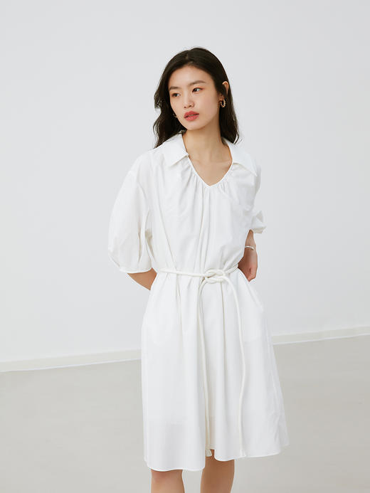 【周四精选福利】HeyDress白色抽褶连衣裙女法式V领宽松收腰设计冰氧气质裙子 商品图4