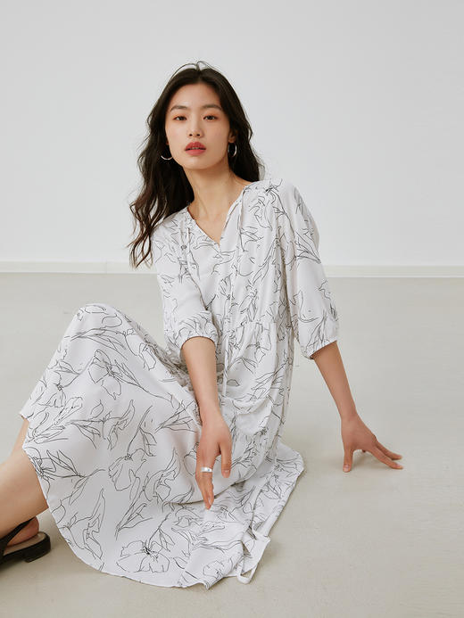 HeyDress简约艺术印花连衣裙女V领宽松收腰垂感褶皱气质吊带裙子 商品图3