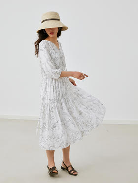 HeyDress简约艺术印花连衣裙女V领宽松收腰垂感褶皱气质吊带裙子