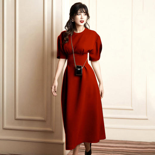 2022春夏气质中长款收腰修身泡泡袖宴会晚礼服连衣裙BHS 商品图0