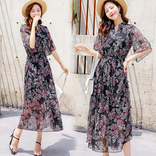 五分袖长裙套头中腰V领连衣裙舒适修身纯色气质韩版简约HR-MCXZ1828-1 商品图1