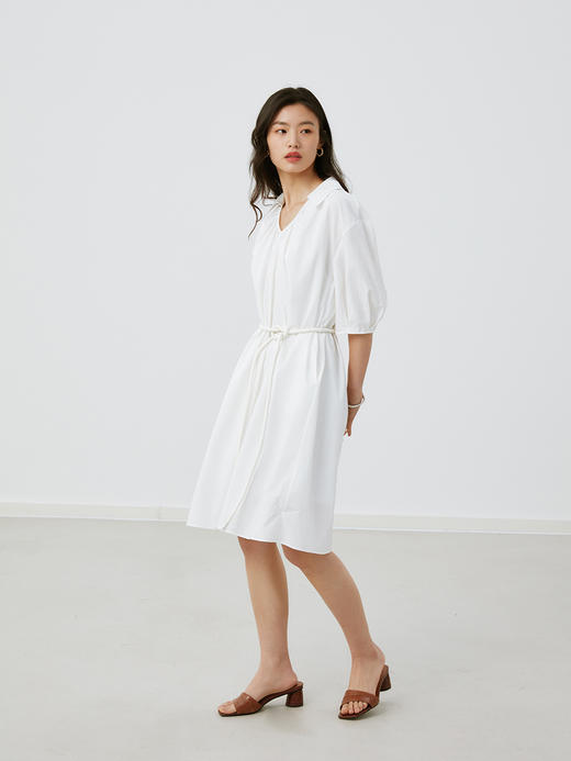【周四精选福利】HeyDress白色抽褶连衣裙女法式V领宽松收腰设计冰氧气质裙子 商品图1