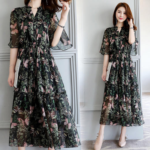 五分袖长裙套头中腰V领连衣裙舒适修身纯色气质韩版简约HR-MCXZ1828-1 商品图6