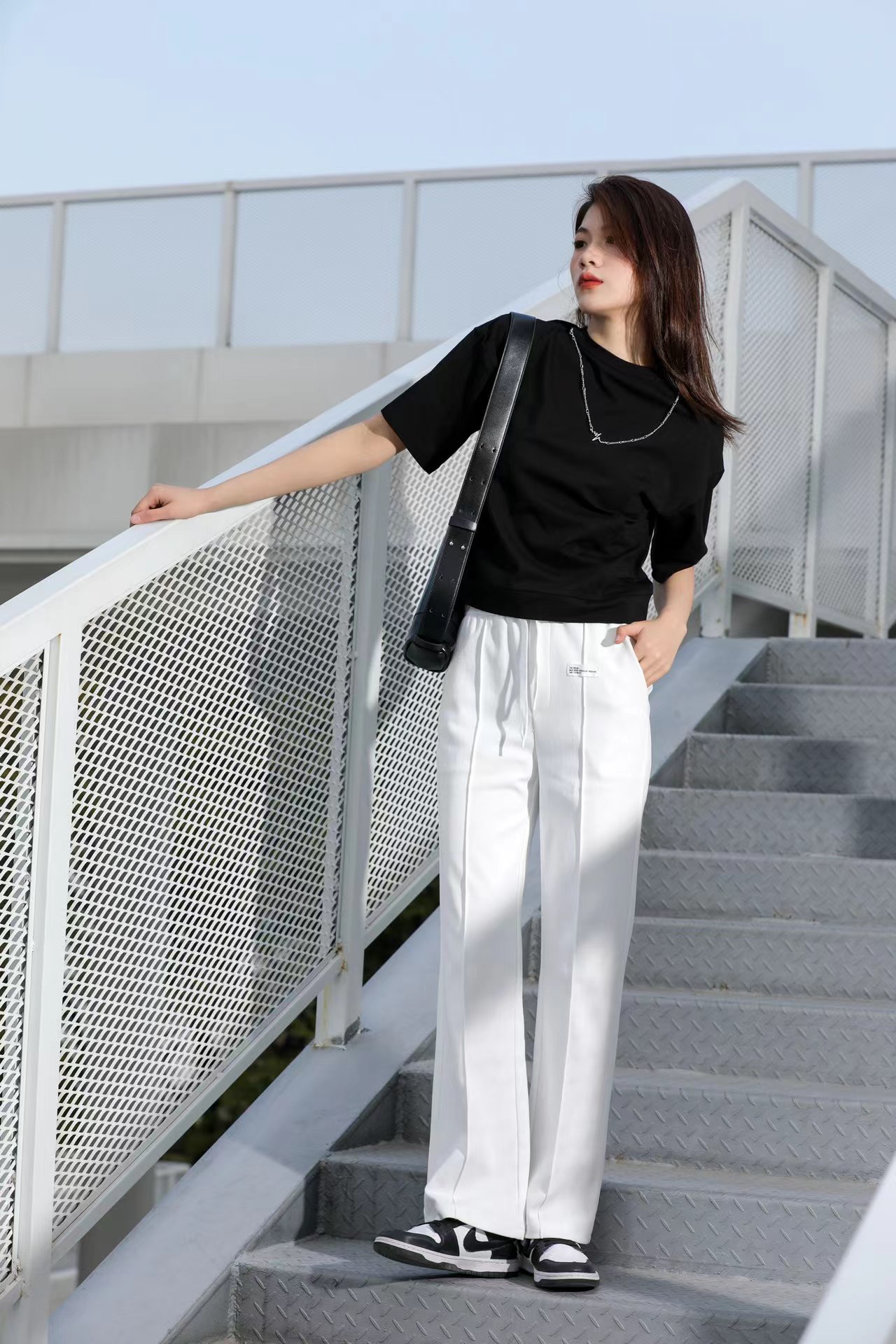 L0820#松紧腰显瘦甜酷裤脚开叉直筒裤