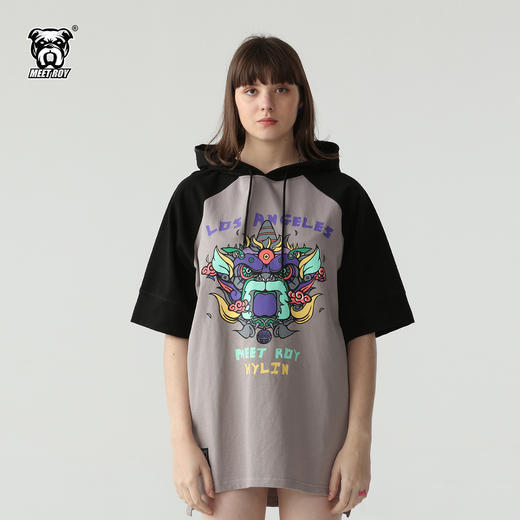MEET.ROY麒麟祥云系列印花插肩oversize版型拼接半袖帽衫01MR1293 商品图0