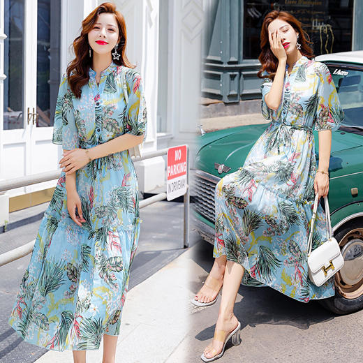 五分袖长裙套头中腰V领连衣裙舒适修身纯色气质韩版简约HR-MCXZ1828-1 商品图2