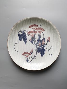 建国瓷：青花釉里红编织纹牵牛花大盘