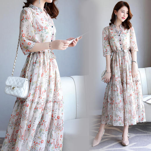 五分袖长裙套头中腰V领连衣裙舒适修身纯色气质韩版简约HR-MCXZ1828-1 商品图0