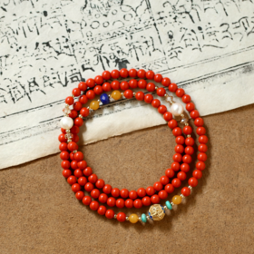 朱砂花丝三圈手串 搭配天然青金石蜜蜡松石珍珠 宫廷风时尚大气 醍醐原创国庆闪购饰品