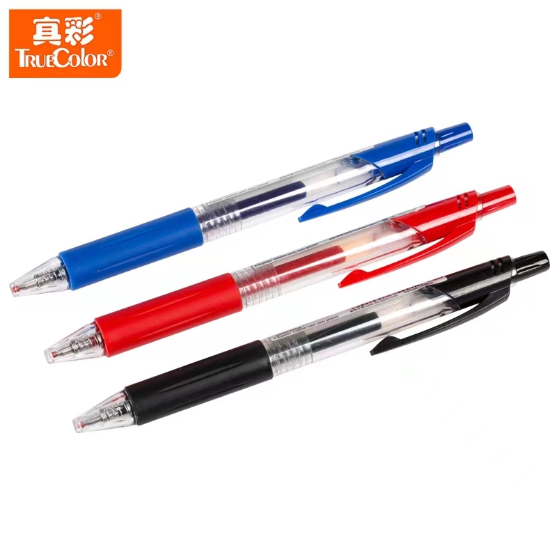 真彩009C按动中性笔黑红色办公0.5mm会议签字笔子弹头拨动弹簧笔考试签字笔