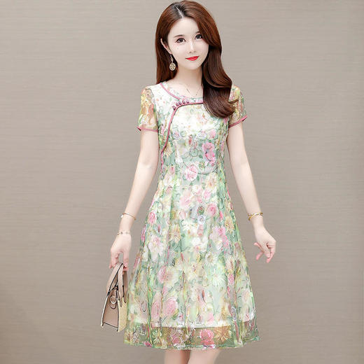 YWE C2138贵夫人印花连衣裙气质中长款改良版旗袍裙 商品图5