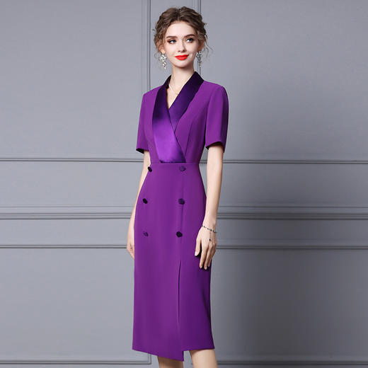 【智丽】紫色连衣裙2022夏季新款纯色优雅气质V领短袖前开叉包臀裙子 商品图1