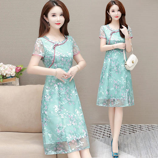 YWE C2138贵夫人印花连衣裙气质中长款改良版旗袍裙 商品图0