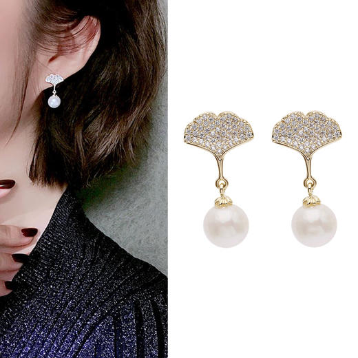 S925银针珍珠锆石银杏树叶简约百搭气质耳钉耳饰 LY 商品图3