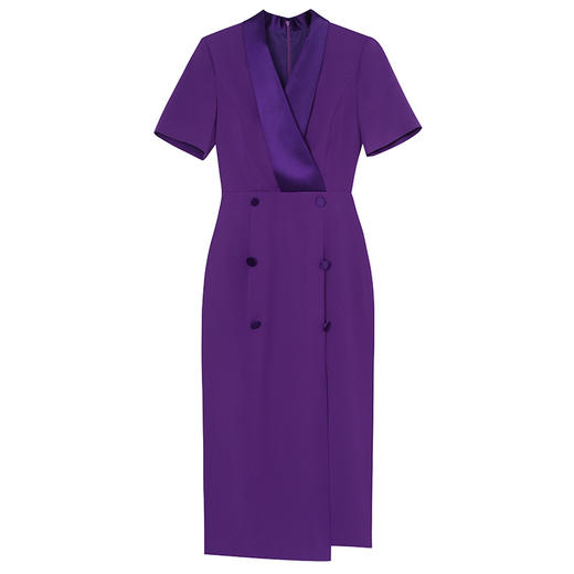 【智丽】紫色连衣裙2022夏季新款纯色优雅气质V领短袖前开叉包臀裙子 商品图4