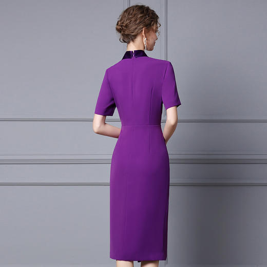 【智丽】紫色连衣裙2022夏季新款纯色优雅气质V领短袖前开叉包臀裙子 商品图2