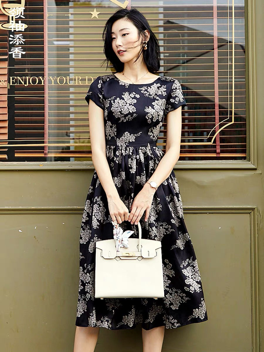 孤品-“西西里的美丽传说”6180573C颈袖添香季新款时尚气质显瘦印花长裙中长款女士真丝连衣裙J6180573C不退可换