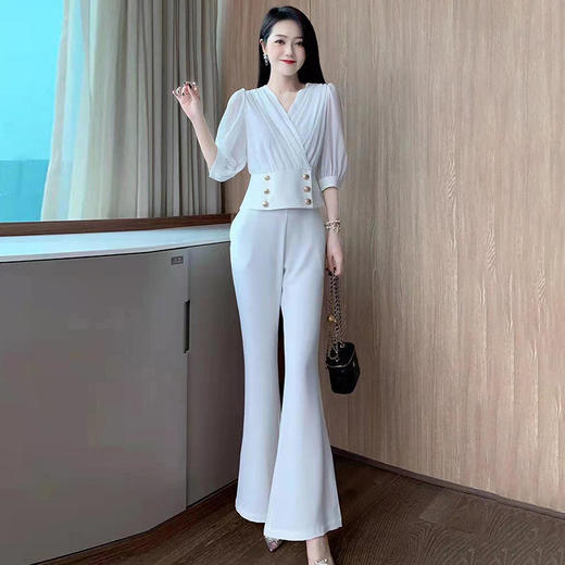 YR-2796-2022夏季新款女装 气质V领双排扣短上衣阔腿长裤时尚两件套装 商品图1