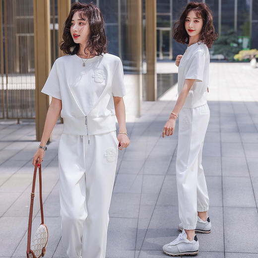 休闲百搭大气时尚，圆领前拉链胸前刺绣字母短款T恤松紧腰套装HR-ANY621 商品图2