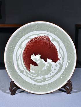 影青雕刻祭红鱼跃龙门大盘