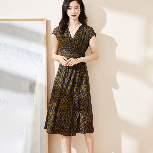 米思阳2025夏季新款知性气质印花薄款短袖连衣裙高腰中长裙1359 商品图2