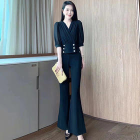 YR-2796-2022夏季新款女装 气质V领双排扣短上衣阔腿长裤时尚两件套装