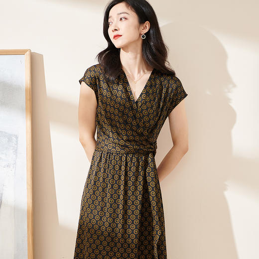 米思阳2025夏季新款知性气质印花薄款短袖连衣裙高腰中长裙1359 商品图1
