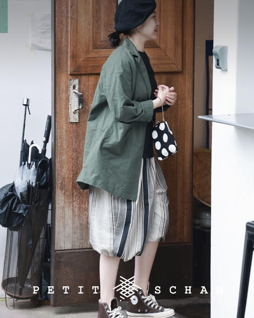 PETIT SCHAN小闪 CLO#083  Grandma’s pumpkin 婆婆的南瓜 日本进口棉麻混纺面料条纹设计款南瓜裤 商品图7