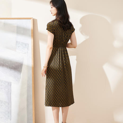 米思阳2025夏季新款知性气质印花薄款短袖连衣裙高腰中长裙1359 商品图3