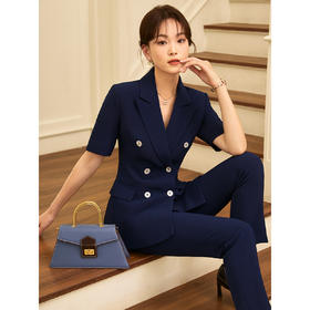 短袖职业藏青色西装西裤套装商务通勤修身显瘦2022夏季