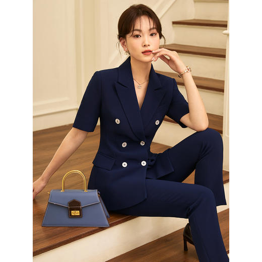 短袖职业藏青色西装西裤套装商务通勤修身显瘦2022夏季 商品图0