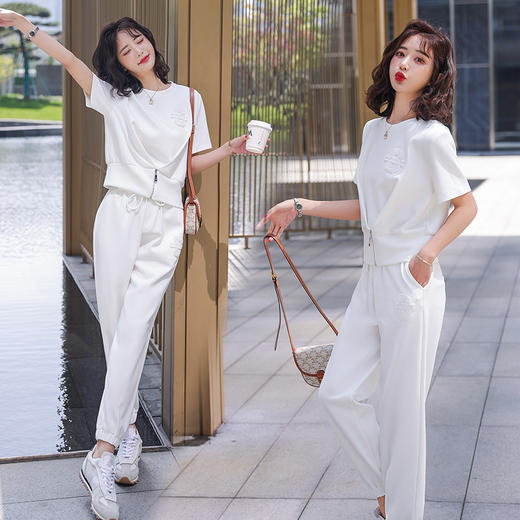 休闲百搭大气时尚，圆领前拉链胸前刺绣字母短款T恤松紧腰套装HR-ANY621 商品图3