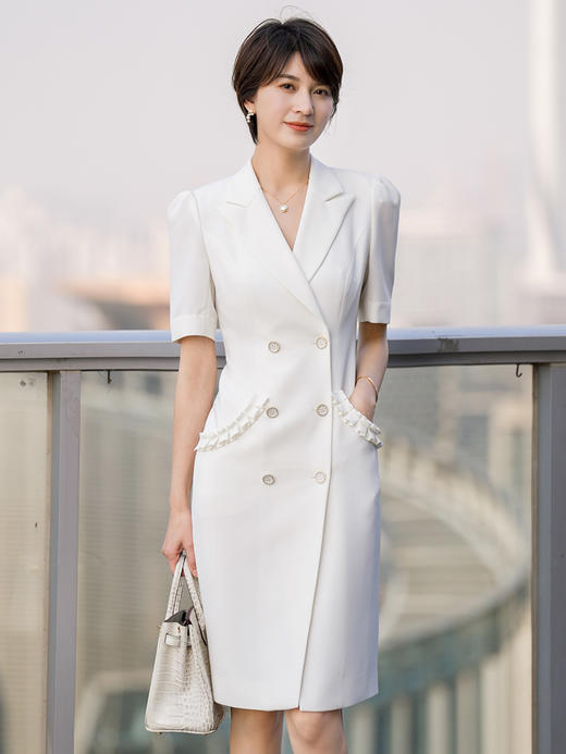 西装连衣裙女夏新款高级感白色短袖收腰显瘦修身职业套装裙 商品图0