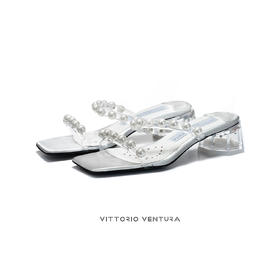 预售|VITTORIO VENTURA薇薇燃 牛皮透珍珠水晶跟凉拖鞋（默认顺丰到付 联系客服报销） .潮快闪[福利品]