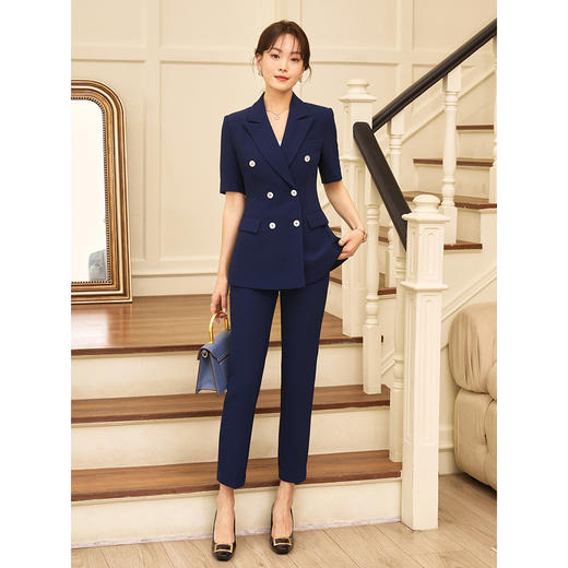 短袖职业藏青色西装西裤套装商务通勤修身显瘦2022夏季 商品图1