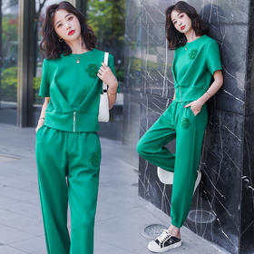 休闲百搭大气时尚，圆领前拉链胸前刺绣字母短款T恤松紧腰套装HR-ANY621