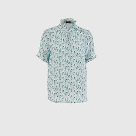 撞色包扣花边侧开领上衣