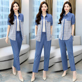 HRFS-WM22059夏新款时尚休闲气质格子两件套