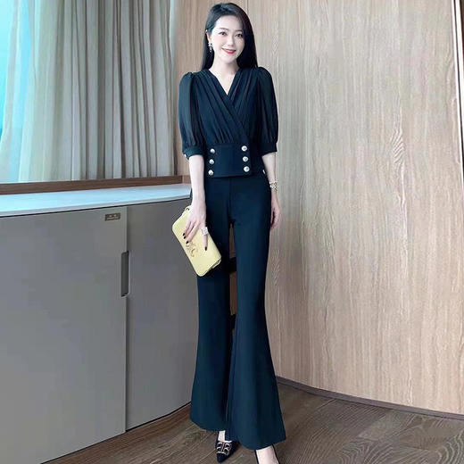 YR-2796-2022夏季新款女装 气质V领双排扣短上衣阔腿长裤时尚两件套装 商品图2
