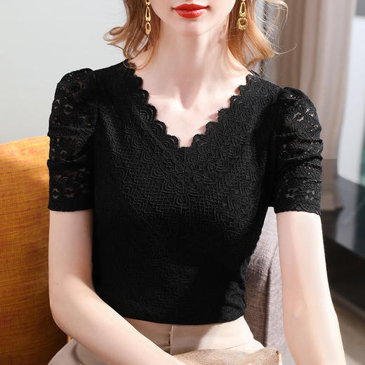 DYSL-L2C0126新款时尚气质V领泡泡袖钩花蕾丝小衫 商品图1
