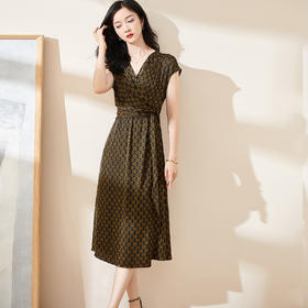 米思阳2025夏季新款知性气质印花薄款短袖连衣裙高腰中长裙1359