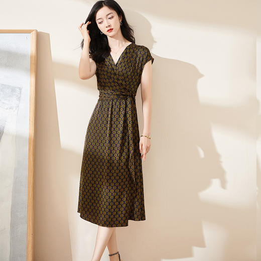 米思阳2025夏季新款知性气质印花薄款短袖连衣裙高腰中长裙1359 商品图0