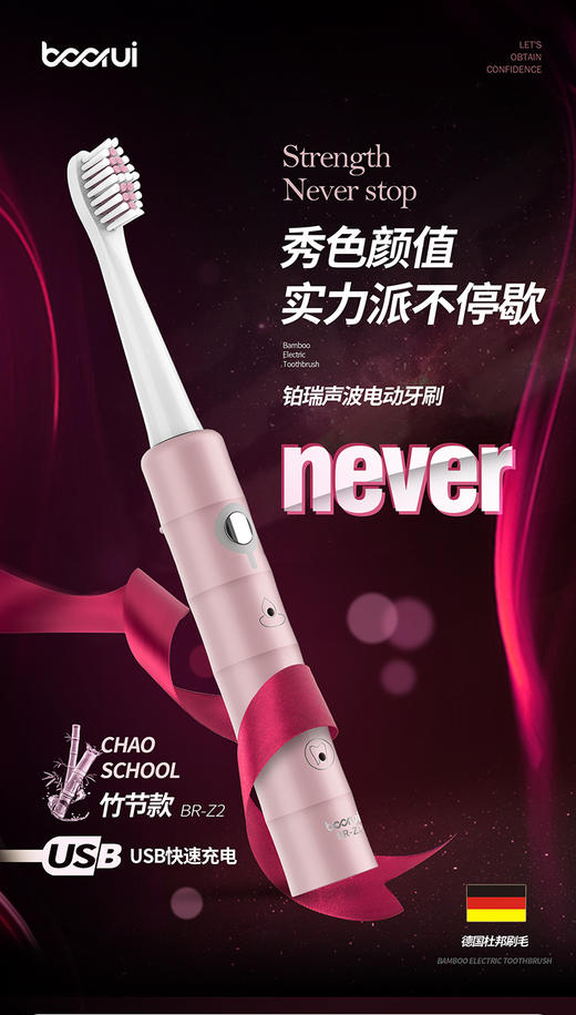 【配4刷头 再送支架】铂瑞Z2电动牙刷  成人自动 4档调节 声波情侣款 充电式软毛电动牙刷 商品图4