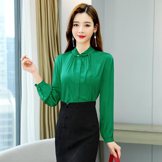 2022春季新款韩版洋气小衫红色上衣女气质优雅立领长袖雪纺衫 HR- YGYL8932 商品图5