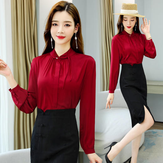 2022春季新款韩版洋气小衫红色上衣女气质优雅立领长袖雪纺衫 HR- YGYL8932 商品图1
